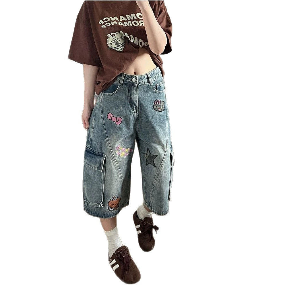 Kitty Patchwork Cargo Capri Denim Shorts Multi Pocket Baggy Wide Leg