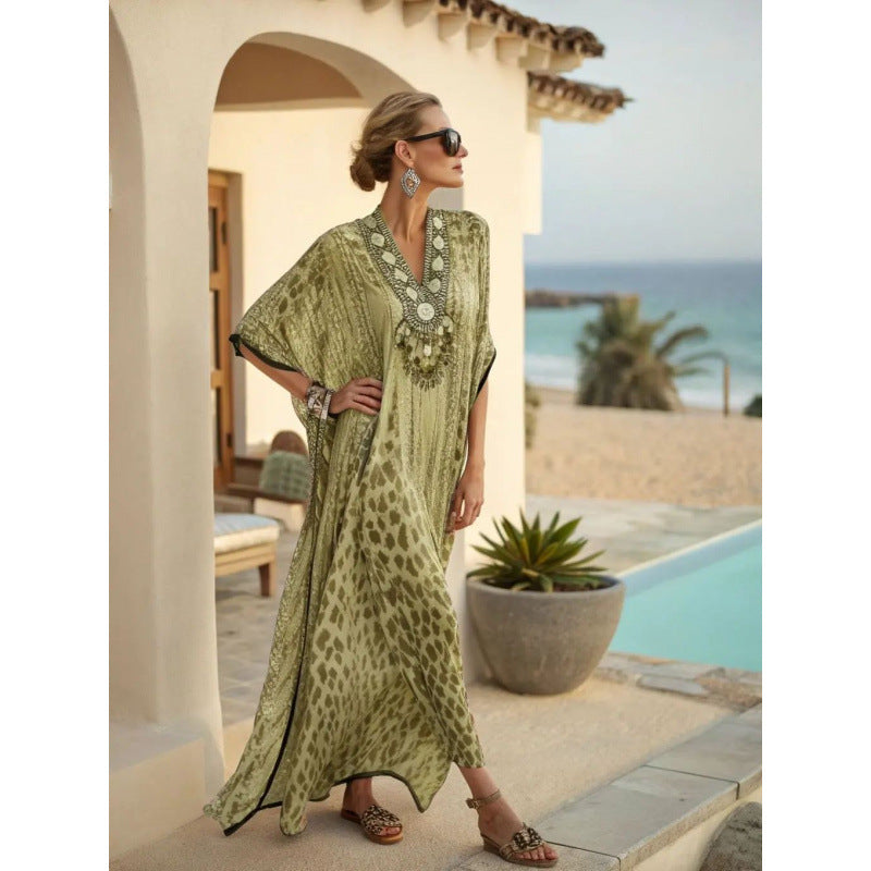 Boho Abstract Print V-Neck Batwing Maxi Kaftan Beach Cover-Up