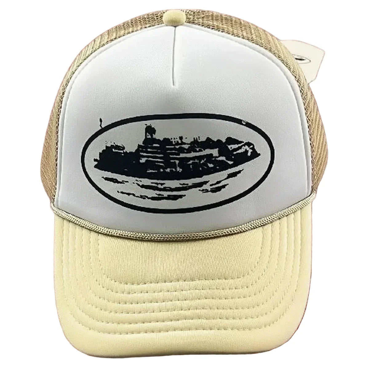 Corteiz Vintage Cream and White Trucker Hat with Oval Cruise Ship Graphic