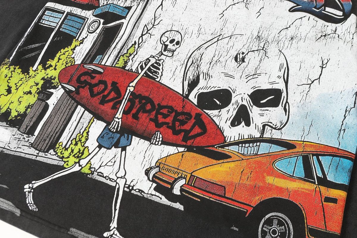 Godspeed Washed Black Skeleton Car Graphic Long-Sleeve T-Shirt