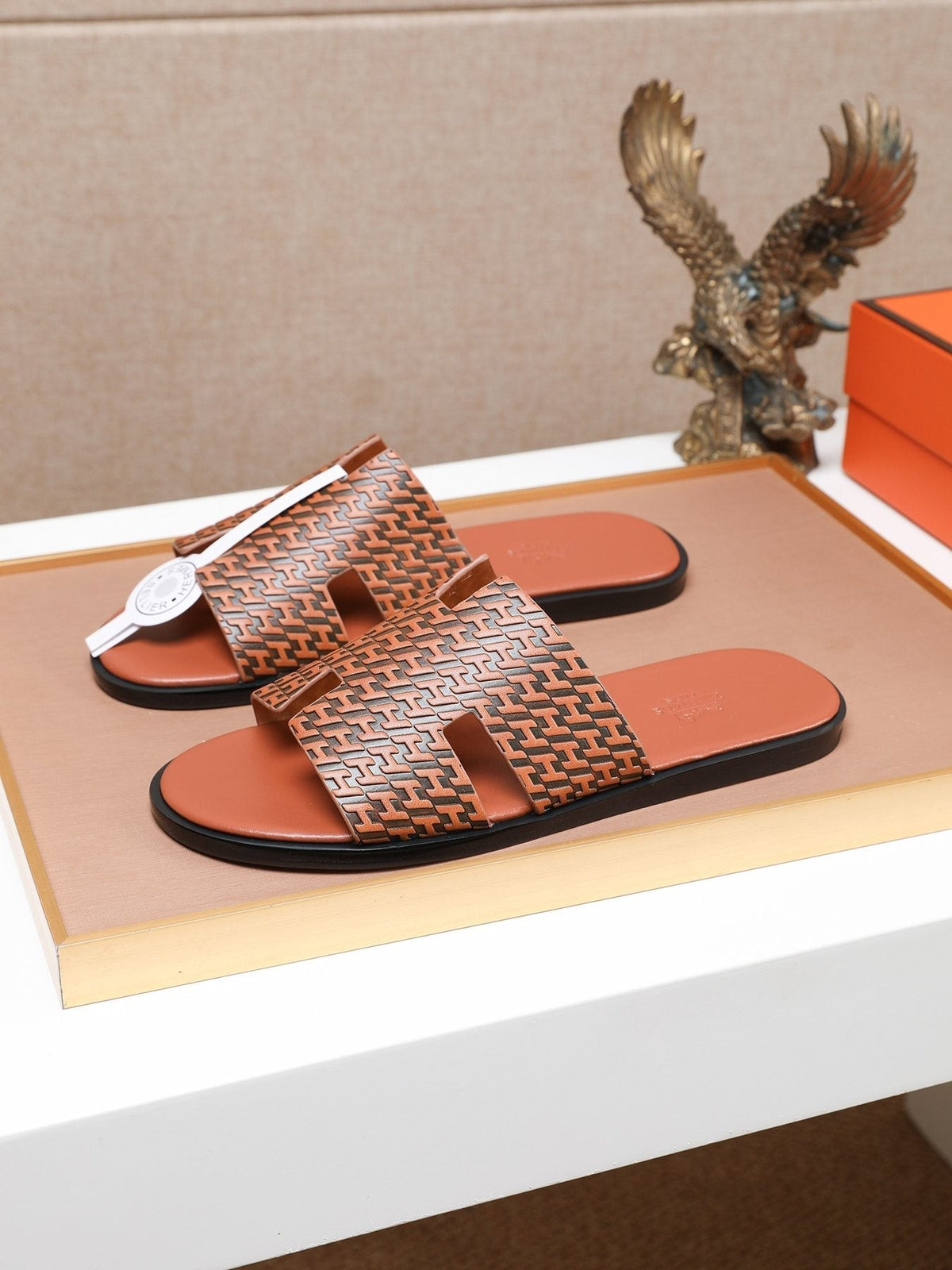 Hermes Brown Patterned H Slide Sandals