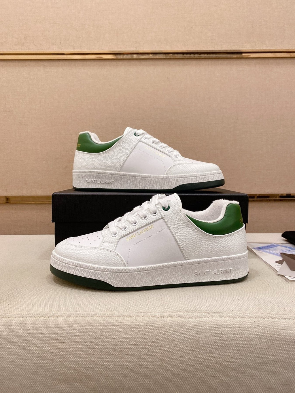 Saint Laurent White and Green Low-Top Sneakers