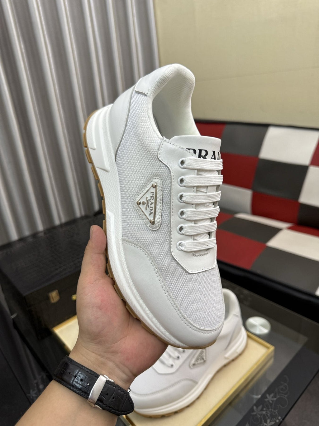 Prada Men's Triangle Plaque Low-Top Sneakers - Rubber Outsole