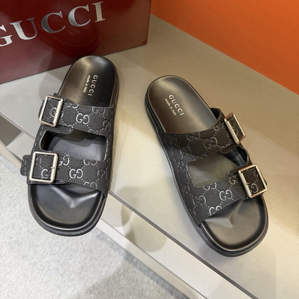 Gucci Two-Buckle Monogram Slide Sandals