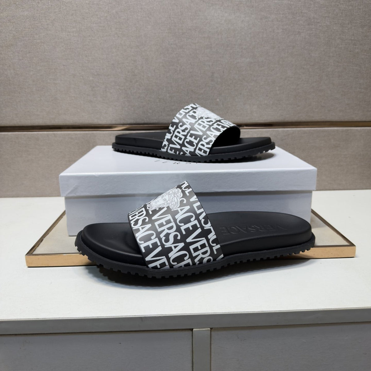 Versace Logo Print Slide Sandals