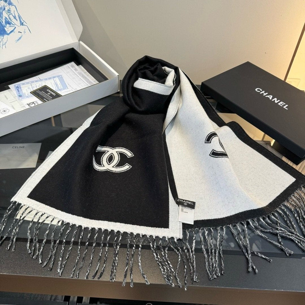 Chanel Contrast Panel Fringed Scarf