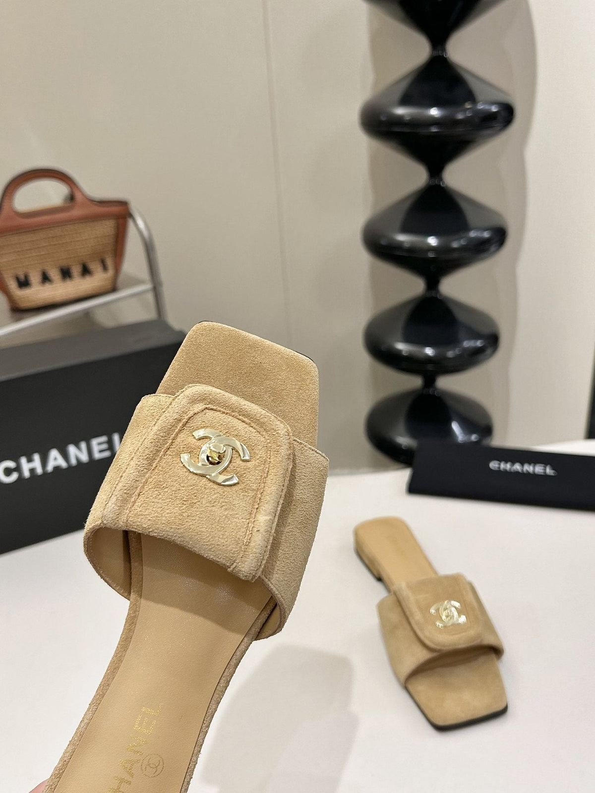 Chanel Square-Toe Emblem Slide Sandals