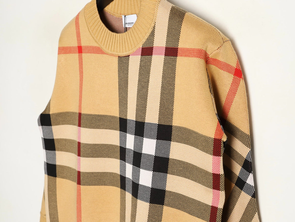 Burberry Oversized-Check Crewneck Knit Sweater - Camel